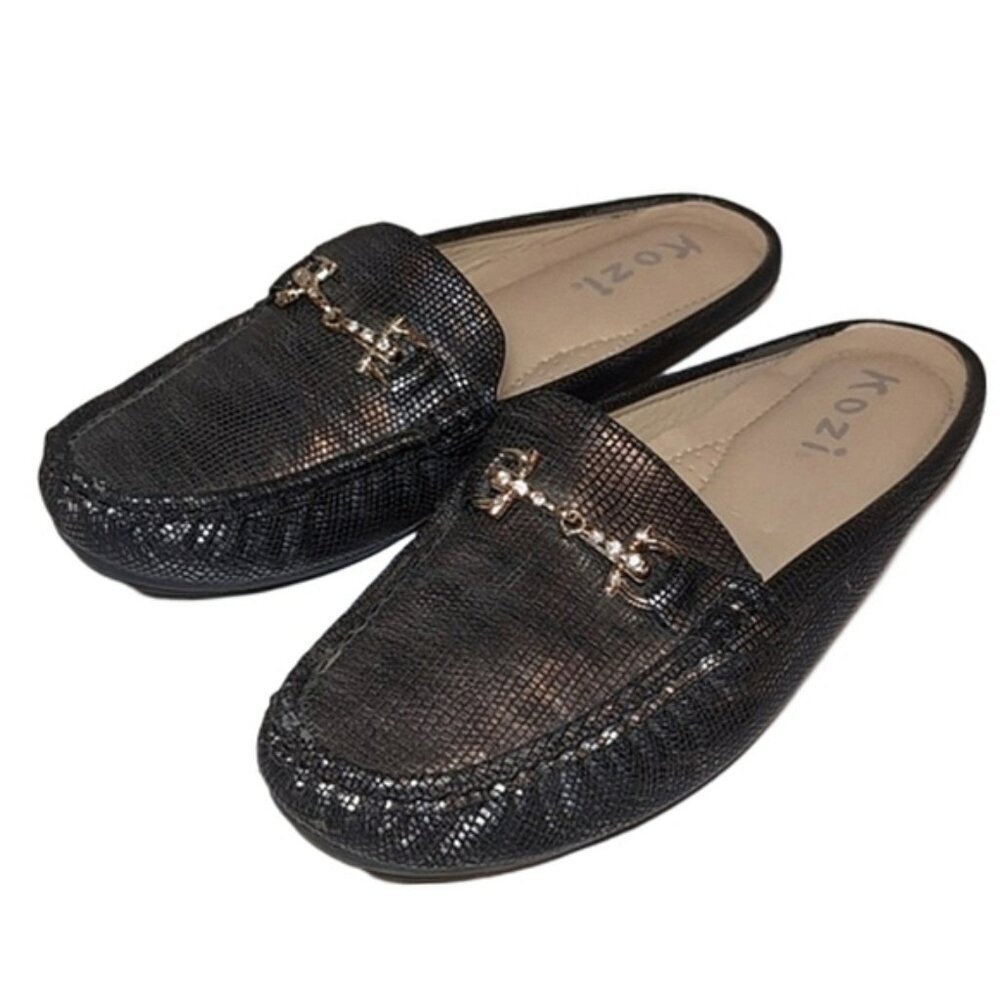 Kozi Metallic Loafer Shoes Vegan Faux Leather Rhinestone Buckle Slip On Flats